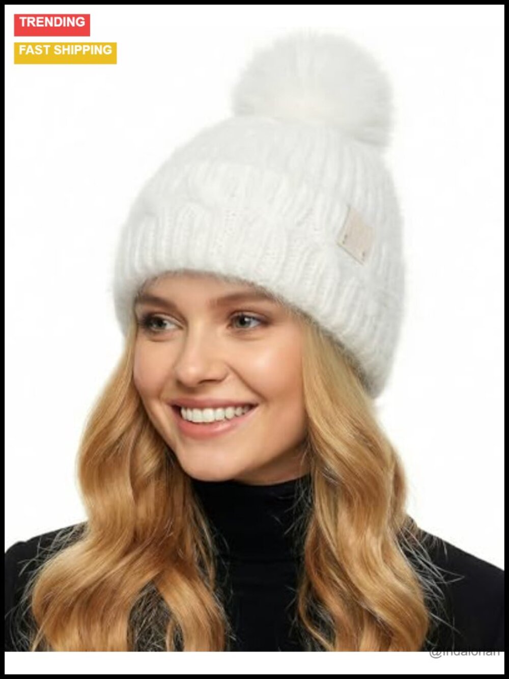 Rabbit Hair Knit Beanie Real Fox Hair Pompom Cable Knit Winter Hat